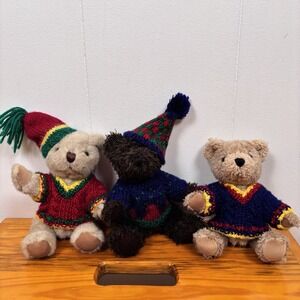 VTG Hugfun International Teddy Bears Lot 3‎ Plush Jointed Knitted Sweaters Hats